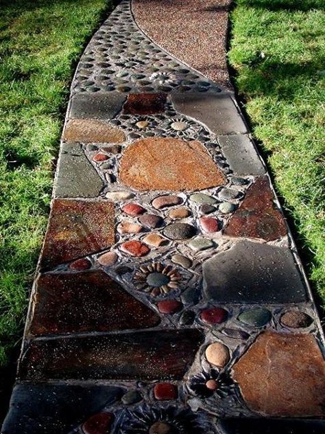 brown pebble mosaic tile art stone plates river rock path diy garden walkway Diy Garden Walkway, River Rock Path, Stone Plates, Mosaic Walkway, Rock Path, Pebble Mosaic Tile, Walkway Landscaping, Stepping Stones Diy, Paving Design