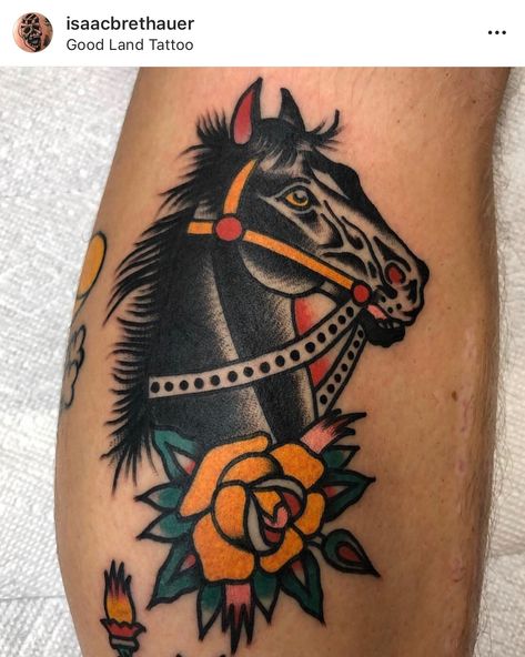 Trad Horse Tattoo, Traditional Horse Head Tattoo, Traditional Style Horse Tattoo, Horse American Traditional Tattoo, Race Horse Tattoo, Horse Portrait Tattoo, Old School Horse Tattoo, Horse Tattoo Traditional, American Traditional Horse Tattoo