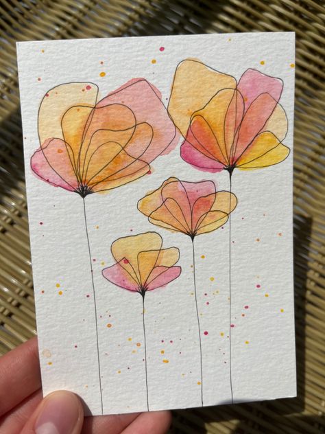 Ink Flowers Simple, Mothers Day Cards Watercolor Simple, Watercolor Art For Cards, Watercolor Doodles Flowers, Watercolor Postcards Ideas, Groovy Watercolor, Easy Watercolor Birthday Cards, Watercolor And Pen Art, Simple Watercolor Flower