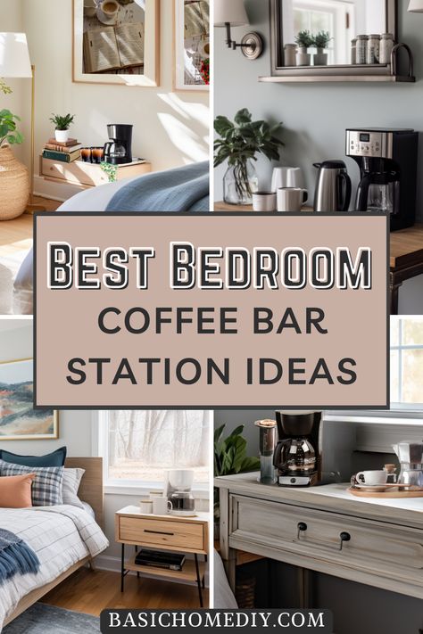 Small Coffee Station Ideas Bedroom, Coffee Nook In Bedroom, Bedroom Coffee Station Ideas, Morning Bar In Bedroom, Bedroom Coffee Bar Ideas, Guest Room Coffee Station, Coffee Bar In Bedroom Master Suite, Coffee Station In Bedroom, Coffee Station Bedroom