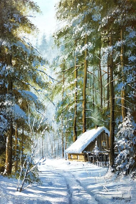 Oil Painting Winter, Winter Scene Paintings, Winter Paintings, Fall Canvas Painting, Landscape Winter, Winter Landscape Painting, Painting Winter, Art Deco Interior Design, Cabin Art