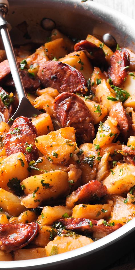 Beef Smoked Sausage Recipe, Smoked Sausage And Pasta, Hungarian Sausage Recipe, Smoked Sausage And Potatoes, Polish Sausage Recipes, Man Meals, Hungarian Sausage, Kielbasa And Potatoes, Sausage And Potatoes