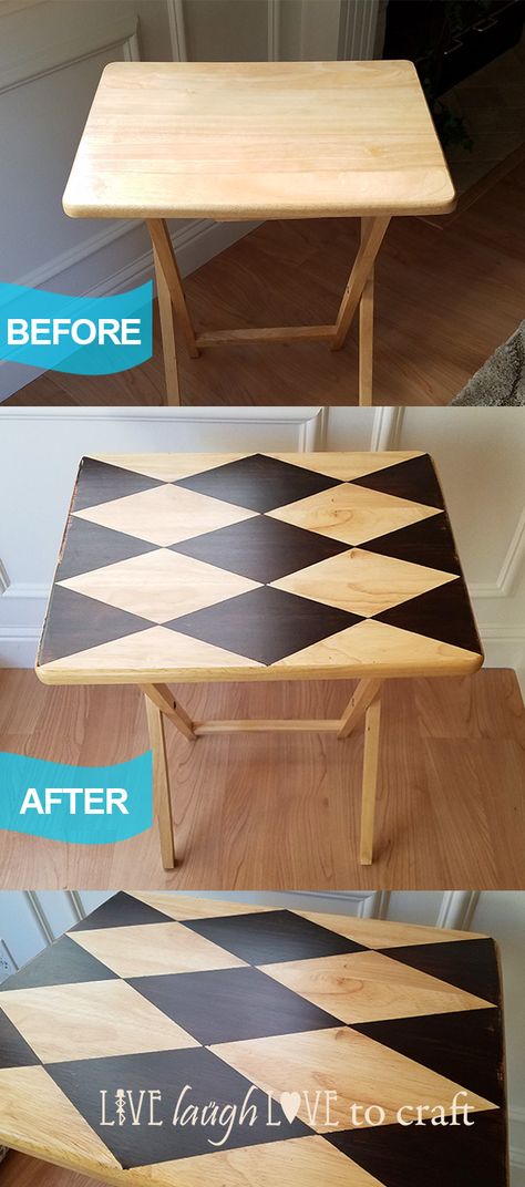 TV Tray Makeover - Harlequin Pattern Diamonds - Gel Stain                                                                                                                                                                                 More Wooden Furniture Makeover, Tv Tray Makeover, Tray Makeover, Gel Stains, Eat Meals, Tv Tray Table, Whimsical Painted Furniture, Staining Furniture, Tv Tray