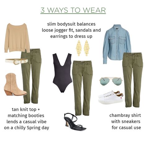 3 ways to style olive joggers Olive Joggers Outfit, Green Joggers Outfit, Stylist Tips, Slim Bodysuit, Spring Summer Wardrobe, Green Joggers, Joggers Outfit, Wardrobe Stylist, Olive Color