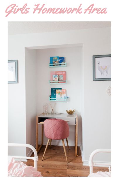 Closet turned into homework area in girls room. Pink desk chair. Girls Desk, Pink Desk Chair, Homework Area, Shared Girls Room, Shared Girls Bedroom, Pink Desk, Desks For Small Spaces, Study Area, Gorgeous Bedrooms