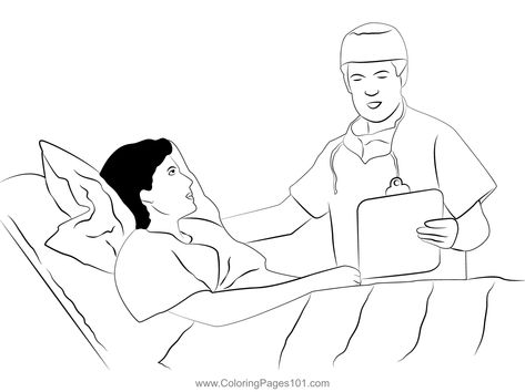 Doctor and Patient on Hospital Bed Coloring Page Doctor And Patient Drawing, Person In Hospital Bed Drawing, Anime Hospital Patient, Hospital Sketch Drawings, Hospital Bed Drawing, Patient Drawing, Patient In Hospital Bed, Bed Clipart, Hospital Cartoon