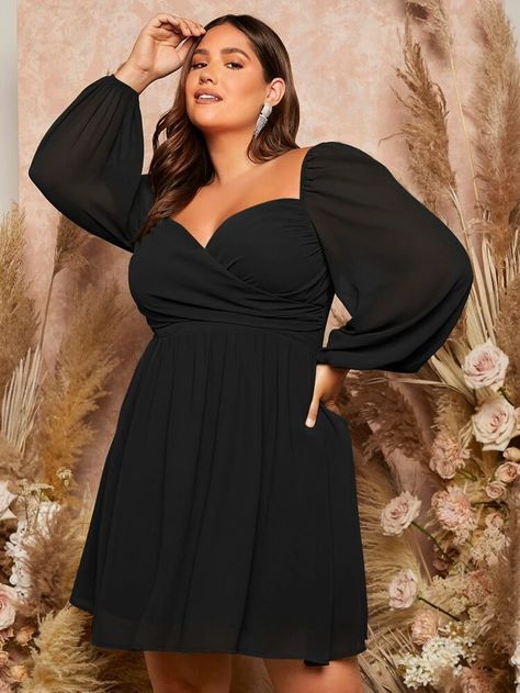 SHEIN Belle Plus Lantern Sleeve Overlap Collar Dress | SHEIN USA Plus Size Fashion Dresses, Simple Lehenga, Casual Chic Outfits, Curvy Shorts, Cute Dress Outfits, Quick Outfits, Button Front Dress, Elegant Dresses For Women, Casual Chic Outfit