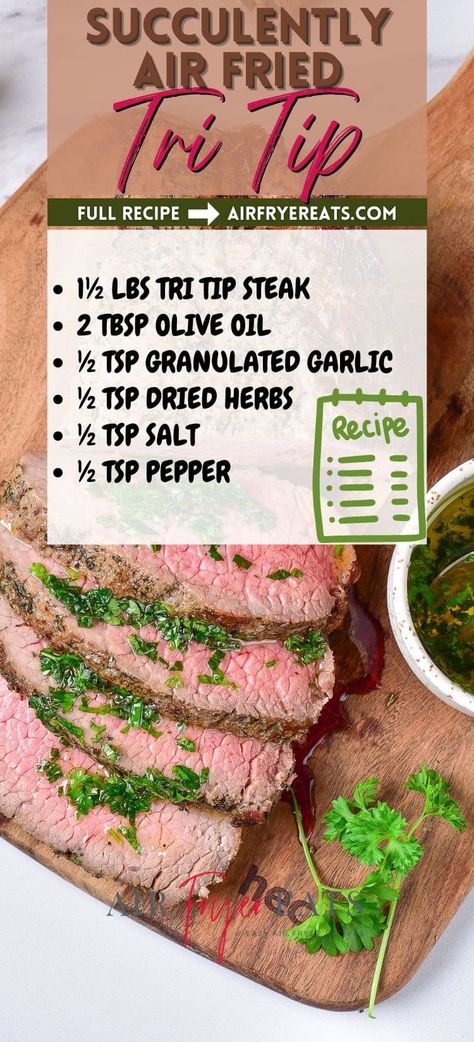 This easy Air Fryer Tri Tip Recipe will teach you exactly how to make an amazingly juicy and flavorful beef roast in the air fryer! It takes less than 20 minutes to make this entire tri-tip roast using this simple method, and the resulting sliced steak is perfectly cooked. Tri Tip In Air Fryer, Oven Tri Tip, Air Fryer Tri Tip, Tritip Roast Recipes, Roast In The Air Fryer, Tri Tip Recipe, Tri Tip Steak, Tritip Recipes, Tri Tip Roast