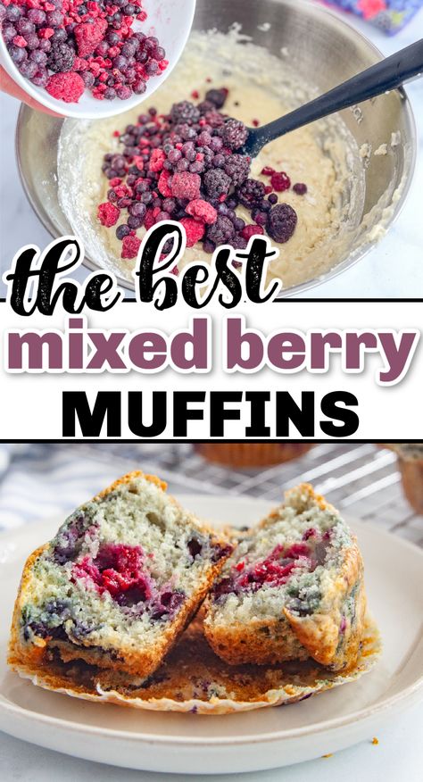 Muffins Mixed Berry, Recipes Using Mixed Berries, Frozen Fruit Baking Recipes, Berries Muffin Recipe, Frozen Berry Breakfast Ideas, Frozen Berry Bread, Mixed Berries Muffins, Berry Breakfast Muffins, Mixed Berry Muffins Easy