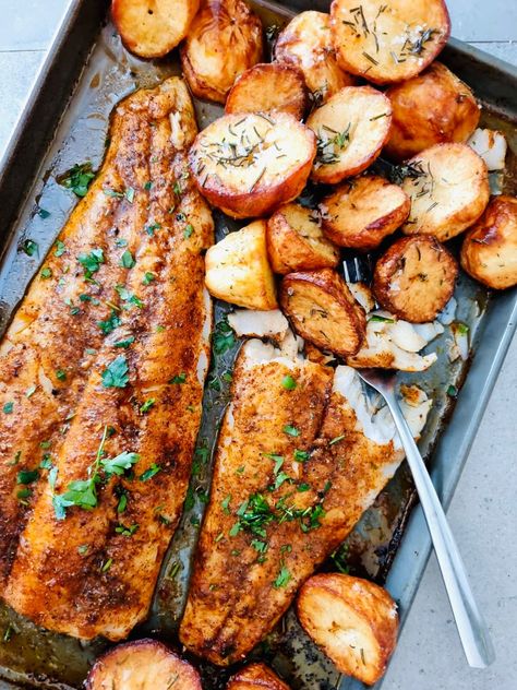 Fish With Potatoes Oven Baked, Drum Recipes Fish, Baked Fish And Potatoes Recipes, Baked Swai Fish Recipes Ovens, Pangasius Fish Recipes, Drum Fish Recipes, Fish Seasoning, Pickled Fish, Baked Trout