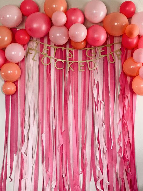 DIY Streamer and Balloon photo backdrop. Let’s get Flocked up. Backdrop for Bachlorette. Flamingo party. Do it yourself. Pink streamer photo wall. Hens Photo Backdrop, Streamers And Balloons Backdrop, Streamer Party Ideas, Streamers Photo Backdrop, Flamingo Photo Backdrop, Crepe Paper Backdrop Diy Streamers, Soft Pink Decorations Party, Lets Get Flocked Up Party, Backdrop For Bachelorette Party