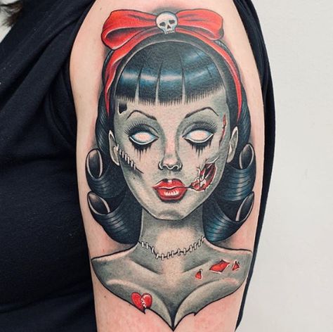 Old School Zombie Tattoo, Women Of Horror Tattoo, Zombie Tattoos For Women, Pinup Tattoo Placement, Zombie Nurse Tattoo, 1920s Tattoo Ideas, Bettie Page Tattoo, Living Dead Girl Tattoo, Gothic Pinup Tattoo