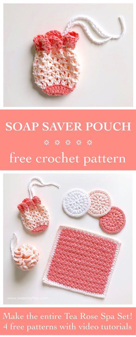 Free crochet pattern: Soap Saver Pouch from the Tea Rose Spa Set! This collection of reusable eco-friendly vegan (100% cotton) skin care essentials and spa tools includes a crochet face scrubby (make up remover pad) bath pouf (loofah body scrubber) soap saver pouch (soap holder bag) and facial washcloth (towel). All designs are quick and easy and suitable for beginners. #sweetsofties #yarn #art #craft #crochet #diy #tutorial #pattern #free #cute  #beginner #beginners #gift #crochetideas #easy #a Spa Tools, Crochet Soap Saver, Cotton Crochet Patterns, Crochet Scrubbies, Craft Crochet, Confection Au Crochet, Crochet Faces, Crochet Washcloth, Body Scrubber