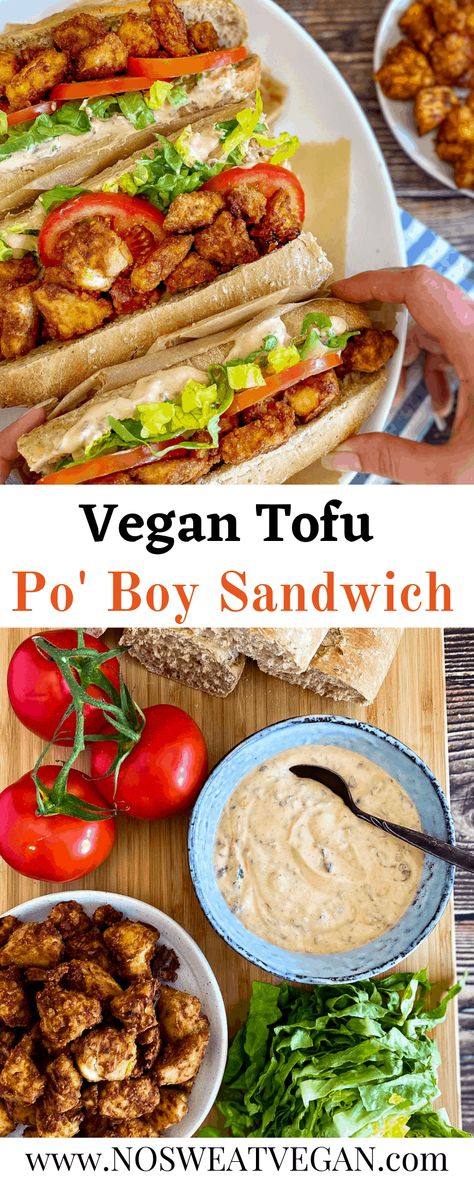 Vegan Cajun Recipes, Seasoned Tofu, Vegan Cajun, Tofu Nuggets, Po Boy Sandwich, Vegan Sandwich Recipes, Tofu Sandwich, Vegan Tofu, Veggie Sandwich