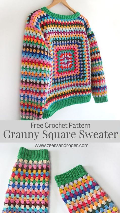 Crochet Scrap Cardigan Pattern, Crochet Easy Granny Square Free Pattern, Crochet Fair Isle Sweater Pattern, Crochet Granny Square Jumper Pattern, Granny Square Crochet Pattern Clothes, Crochet Cardigan Pattern Free Granny Squares, Crochet Square Jumper, Granny Stitch Sweater Pattern Free, Easy Granny Square Cardigan