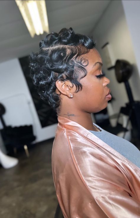 Finger Waves Side Part, 27 Piece Hairstyles Curly, Cute Short Cuts For Black Women, Outfits With Fingerwaves, Finger Waves Short Hair Black Women 4c, Pin Curl Pixie, Dry Finger Waves, Finger Wave Curls Short Hair, Pixie Waves Black Women