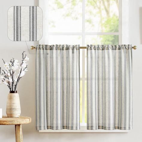 Arrives by Mon, Nov 13 Buy Curtainking Striped Kitchen Curtains Linen Cafe Curtains Semi-Sheer Farmhouse Tier Curtains 24 inch 2 Panels Short Curtains Rod Pocket Black on Beige at Walmart.com Linen Cafe Curtains, Short Curtain Rods, Half Window Curtains, Heading Design, Striped Kitchen, Curtains Linen, Cafe Curtain Rods, Window Opening, Small Curtains