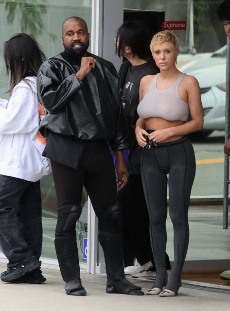 Kanye West and his "wife," Bianca Censori, were spotted holding hands Saturday during a rare date night in West Hollywood. Couples Outfits Streetwear, Kanye West And Bianca, Bianca Censori Aesthetic, Kanye And Bianca Censori, Bianca Censori Style, Night Date Outfit, Outfit Date Night, Date Night Outfit Casual, Casual Date Outfit