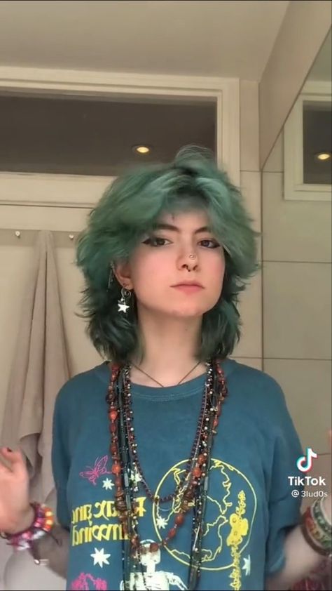 Cool Short Hair Color Ideas, Split Dye Hair Colors, Medium Punk Hairstyles, Cool Hair Dye Ideas For Short Hair Alt, Medium Length Haircut Nonbinary, Short Boyish Haircut, Floofy Hair Girl, Alt Mullet Girl, Fluffy Dyed Hair