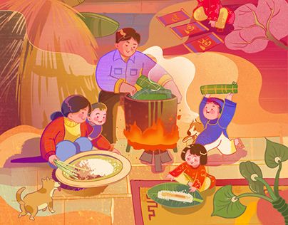 Tet Illustration, People Cooking, Illustration Gif, Rice Dumpling, Eid Hampers, Illustration Art Kids, Gif Animation, House Drawing, The Buffalo