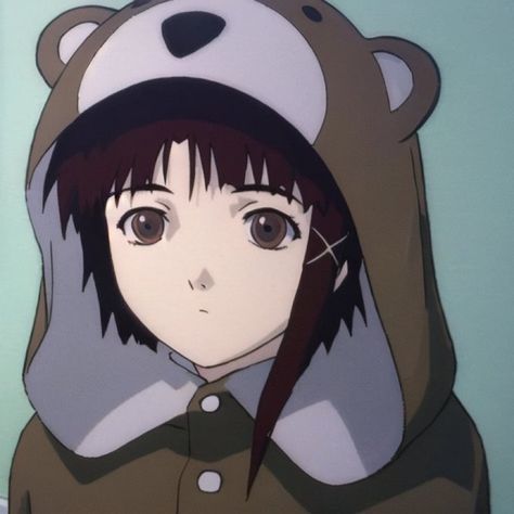 Lain Pfps, Lain In Bear Suit, Lain Bear Suit, Lain Anime Pfp, Lain Profile Pic, Lain Iwakura Pfp, Lain X Alice Matching Icons, Lain Official Art, Brainrot Pfp