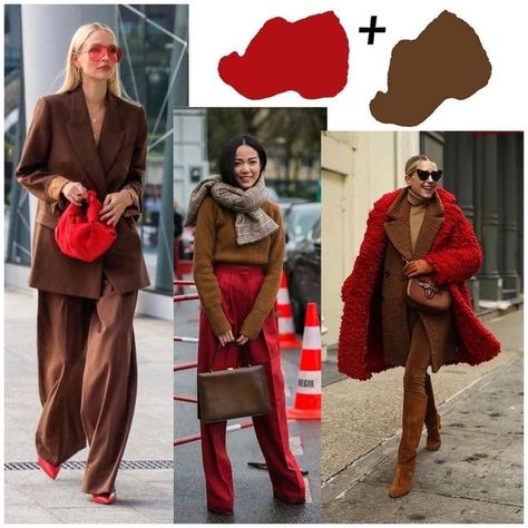 Mode Monochrome, Red Outfits, Colour Combinations Fashion, Color Combos Outfit, Color Combinations For Clothes, Deep Autumn, Brown Outfit, Looks Street Style, Warm Autumn