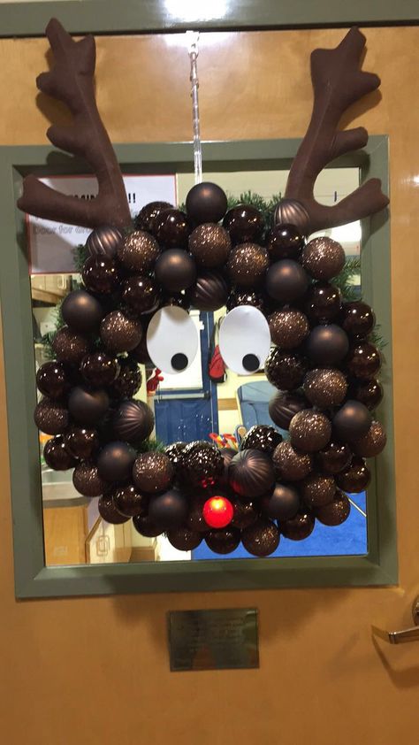 Rudolph Wreath! The nose blinks! #Primrose #ChristmasCrafts #Christmaswreath #OrnamentWreath #Rudolph #Reindeer #Christmas #Wreath #DIY Rudolph Wreath, Christmas Wreath Diy, Reindeer Christmas Tree, Rudolph Reindeer, Red Nose Reindeer, Door Decorating, Wreath Diy, Red Nose, Reindeer Christmas