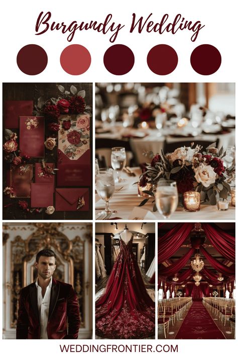 Vermillion Wedding Theme, Deep Red Wedding Decor, Burgundy Decor Wedding, Burgundy Gold Wedding Theme, Dark Red And Gold Wedding, Blood Red Wedding Theme, Crimson Wedding Theme, Red Theme Wedding Decor, Deep Red Wedding Theme