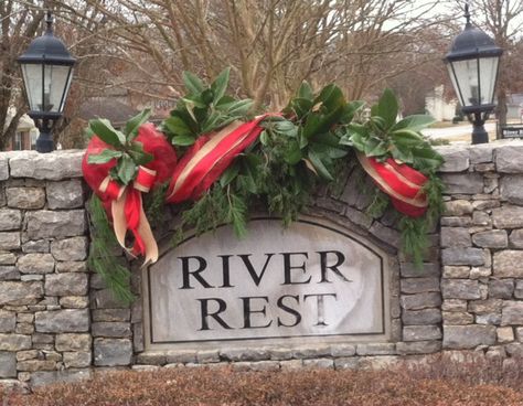 Christmas Decoration Neighborhood Entrance - Welcome folks for the holidays with Magnolia, Greenery, Red Deco Mesh, Burlap & Red Ribbon. Christmas Decor For Subdivision Entrances, Neighborhood Front Entrance Christmas, Christmas Decor For Neighborhood Entrance, Community Christmas Decorations, Neighborhood Entrance Christmas Decorations, Entry Gate Christmas Decorations, Christmas Decorations For Neighborhood Entrance, Neighborhood Christmas Decorations, Subdivision Entrance Christmas Decor