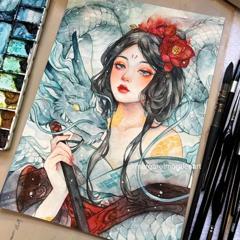 Paintings With Watercolour, Margaret Morales, Dragon Spirit, Spirit Magic, Manga Watercolor, Illustration Fantasy, Water Paint, People Drawing, Dreamy Artwork