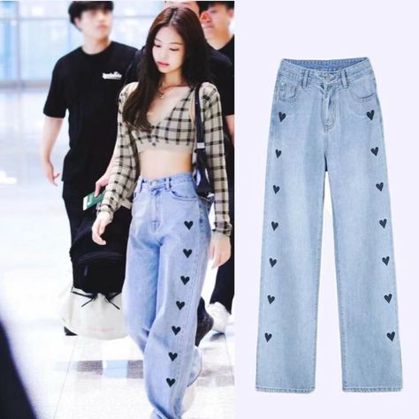 Jennie Heart, Heart Pants, Jeans Korean, Pop Clothing, High Waist Wide Leg Jeans, Punk Pins, Idol Fashion, K Pop Fashion, Love Print