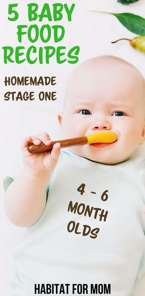 5 easy stage one homemade baby food recipes for ages 4 to 6 months old. Baby food recipes | Homemade baby food | Stage one baby food. #babyfood #habitatformom 6 Months Old Baby Food, Baby Food 5 Months, Stage One Baby Food, Baby Food Recipes Stage 1, Homemade Baby Food Recipes, Fingerfood Baby, 6 Month Baby Food, Baby Food By Age, 5 Month Baby