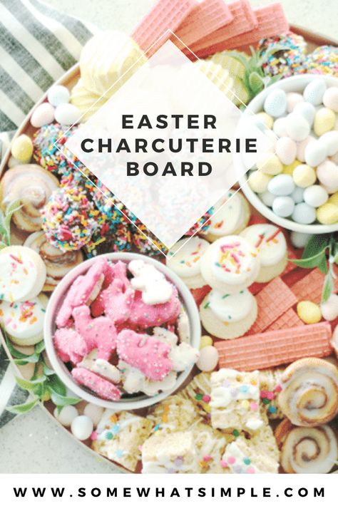 Piled high with cookies, baked goods and candies, this cookie charcuterie board is a beautiful way to serve dessert at your next celebration! Fill the tray with pastel colored cookies that are perfect for Easter or change it up to fit any occasion. #charcuterie #dessertcharcuterie #cookies #platter #party #food via @somewhatsimple Cookie Charcuterie Board, Cookie Charcuterie, Easter Charcuterie Board, Desserts Easter, Easter Charcuterie, Easter Appetizers Easy, Board Recipes, Colored Cookies, Easter Food Appetizers