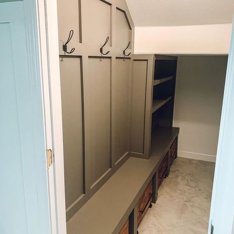 Downstairs Closet Ideas, Closet Understairs Storage, Understair Closet Mudroom, Mudroom Ideas Under Stairs, Coat And Storage Closet, Under Stair Storage Shelves, Organize Under The Stairs Closet, Under The Stairs Coat Storage, Makeshift Coat Closet