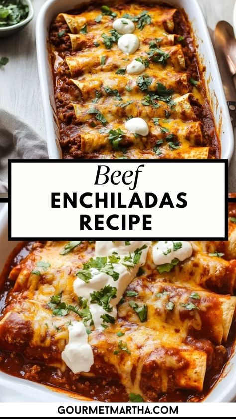 These juicy and flavorful beef enchiladas are the ultimate comfort food! Loaded with seasoned ground beef, smothered in rich, tangy sauce, and baked to perfection, this easy enchilada recipe will become a family favorite. Perfect for any weeknight dinner or gathering! #BeefEnchiladas #MexicanFood #ComfortFood #EasyDinner #GroundBeef #Enchiladas #CheesyGoodness #TexMex #FamilyDinners #DinnerIdeas Beef Enchilada Stack, Enchiladas Easy Recipe, Best Enchilada Recipe Beef, Fajita Enchiladas Steak, Trader Joe’s Enchilada Recipe, Easy Healthy Dinner Recipes Beef, Beef Enchiladas With Chili Gravy, Beef Corn Enchiladas, Pioneer Woman Beef Enchiladas