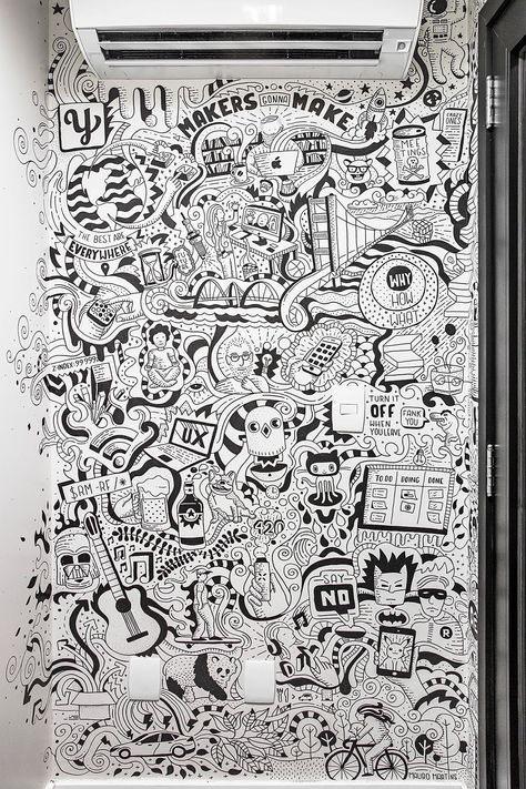 Mural Dinding Art, Wall Doodle Art Bedroom, Wall Art Doodle, Doodle Bookmarks, Wall Sketch, Vodka Packaging, Crafts Drawing, Wall Art For Office, Office Board