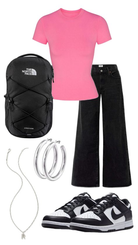 Pink and black outfit, Nike dunks, women’s fashion, back to school inspo, silver jewelry, skims, pink outfit, casual outfit, outfits for college Pink Outfit Casual, Nike Dunks Women, Dunks Women, Pink And Black Outfit, Outfits For College, Outfit Nike, Back To School Outfit, Back To School Outfits, Pink Outfit