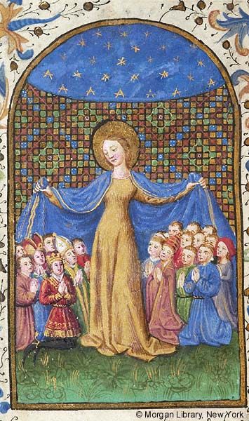 Virgin Mary: Misericordia | Book of Hours | France, Savory or  Besançon | ca. 1470 | The Morgan Library & Museum Our Lady Of Grace, Medieval Artwork, Medieval Paintings, Ancient Goddesses, Northern France, Late Middle Ages, Queen Of Heaven, Morgan Library, Draw The Squad