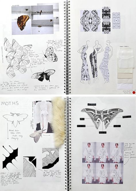 These sketchbook pages have a formal, organised, uncluttered presentation style, with a minimal use of colour. Items are positioned carefully, allowing each piece of the design process to be appreciated fully. The project contains a thorough investigation of detail and pattern, with first-hand observation of moths and butterflies informing subsequent designs. Character Design Process, Fashion Design Process, Fashion Sketchbook Inspiration, Fashion Design Inspiration, Fashion Portfolio Layout, Sketchbook Layout, Textiles Sketchbook, Fashion Design Books, Buch Design