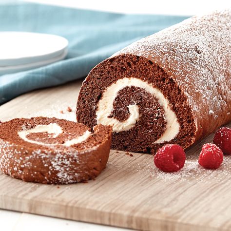 Swiss chocolate cake baked in a jellyroll pan, filled with fluffy whipped cream and rolled into a beautiful cake roll Swiss Chocolate Cake Recipe, Chocolate Cake Mix Recipes, Jelly Roll Cake, Swiss Cake, Chocolate Swiss Roll, Chocolate Roll Cake, Ready Set Eat, Swiss Roll Cake, Cake Roll Recipes