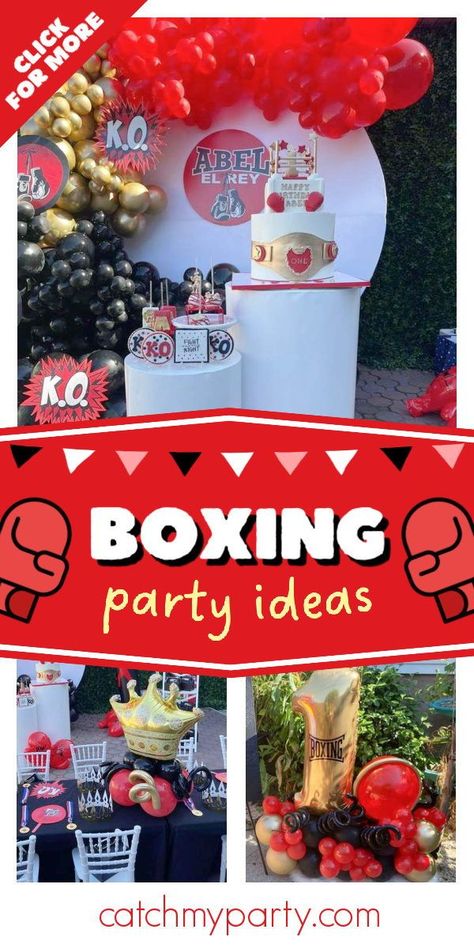 Boxing Theme Balloon Garland, Boxing Theme Party Ideas Decorations, Boxing Party Favors, Boxing Party Theme, Round 1 Boxing Birthday Party, Boxing 1st Birthday Theme, Round One Boxing Birthday Party, Boxing Party Ideas, Boxing Cake Ideas