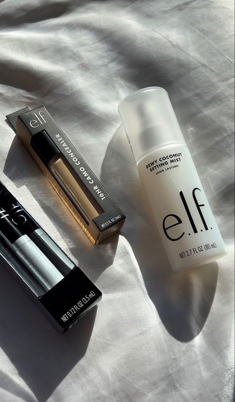 elf camo concealer, elf coconut setting spray Elf Makeup Products Aesthetic, Makeup Haul Aesthetic, Elf Cosmetics Aesthetic, Elf Aesthetic Makeup, Elf Makeup Aesthetic, Ulta Aesthetic, Elf Makeup Products, Trending Makeup Products, Ulta Haul