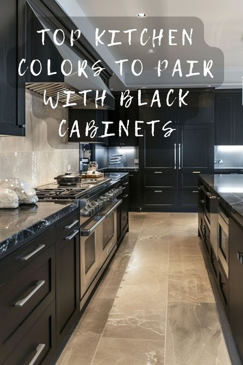 Transform your kitchen's look with the perfect colors for black cabinets! Click to see the top color choices that bring out the best. 🎨🖤 #KitchenDesign #BlackCabinets #HomeDecor #ColorPalettes #InteriorDesign Kitchen Floor With Black Cabinets, Kitchen Inspo Black Cabinets, Black Kitchen Cabinets Wall Color, Wall Colors For Black Cabinets, Kitchen Cabinet Color Ideas With Dark Countertops, Wall Color With Black Cabinets, Wall Colors With Dark Cabinets, Kitchen Paint Colors With Black Cabinets, Kitchen Wall Colors With Black Cabinets