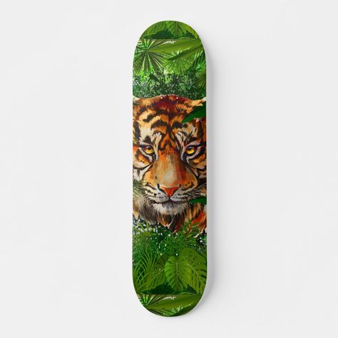 Tiger Skateboard, Painted Skateboard, Art Skateboard, Leopard Painting, Skateboard Deck Art, Custom Skateboards, Jungle Art, Skateboard Decks, Art Diy