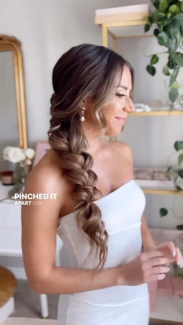 Side Braids Wedding Hair, Braid To The Side Wedding Hair, Braid For Wedding Hair, Long Hair Braids Wedding, Big Loose Braid Wedding Hair, One Sided Braid Hairstyle Wedding, Braid Hairstyle Bridesmaid, Fish Tail Braid Wedding Hairstyles, Braid Hairstyle Bride