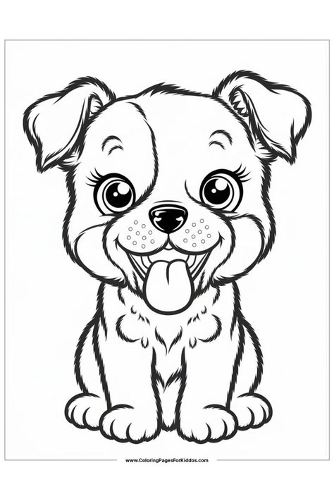 A happy adorable puppy sits with its tongue out, looking joyful. Kawaii Puppy, Puppy Coloring Pages, Printables Free Kids, Dog Coloring Page, Cute Coloring Pages, Free Printable Coloring Pages, Classroom Activities, Free Kids, Cuteness Overload