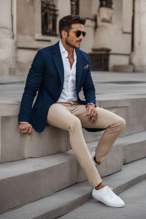 Tan Blazer Outfits Mens, Navy Blue Blazer Outfit Mens, Beige Blazer Outfit, Casual Wedding Suit, Blue Blazer Outfit, Blue Blazer Men, Casual Chique Stijl, Summer Ball, Sneakers Outfit Men