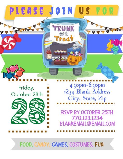 This Trunk or Treat Flyer/Invitation is perfect for personal, school, or community events. Fully customizable using CANVA. This is an Instant Download and is available to edit using CANVA within minutes. Trunk Or Treat Flyer, Invitation Examples, Using Canva, Trunk Or Treat, Community Events, Templates Free, Fall Festival, Flyer Template, Printing Services