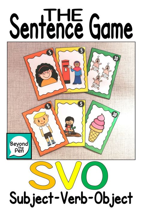 Teach SVO (Subject Verb Object) sentences orally by playing this fun card game. Ideal for EAL/ESL/ELL and year one and year 2 students, it can be used to teach grammar, determiners, verbs, nouns, auxiliary verbs, tenses, vocabulary, simple sentences and so much more. *Uses the colours of Colourful Semantics (Alison Bryant). Subject Verb Object, Verbs Tenses, Colourful Semantics, Auxiliary Verbs, Verb Games, Verbs Activities, Subject Object, Sentence Activities, Esl Games