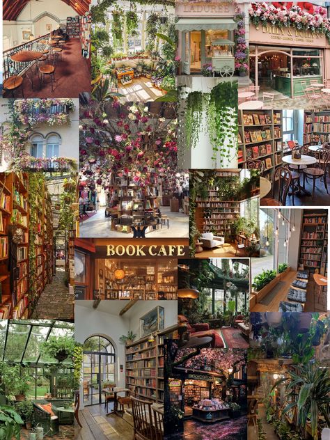 Flower Book Cafe, Flower Cafe Aesthetic, Bookstore Cafe Flower Shop, Book Shop Design, Book Cafe Aesthetic, Bookshop Aesthetic, Cafe Bookstore, Coffee Cafe Interior, Floral Cafe